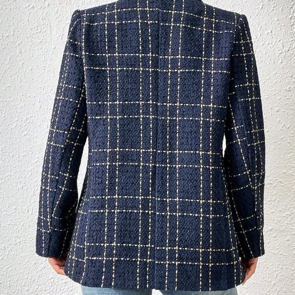 Blue Casual Womens Houndstooth Print Open Front Blazer - Picture 2 of 5